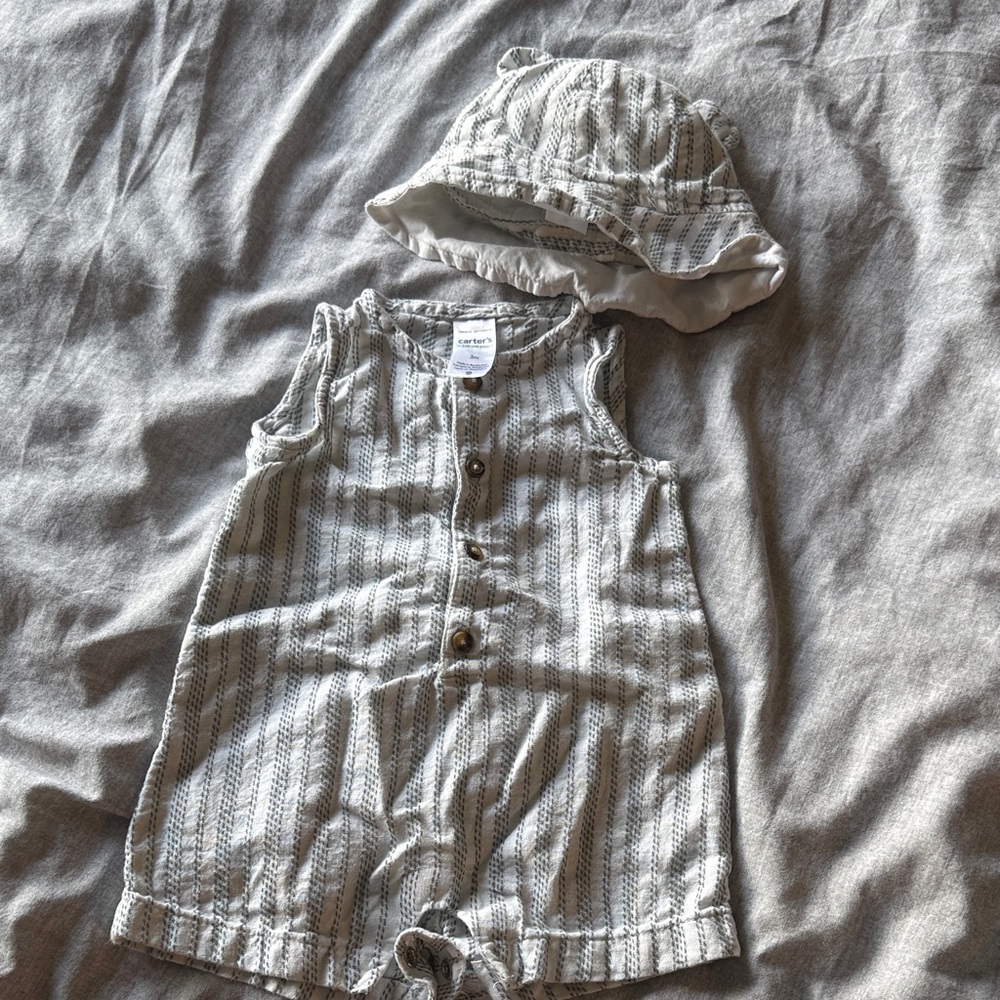 Carter's Green and White Striped Baby Romper with Hat